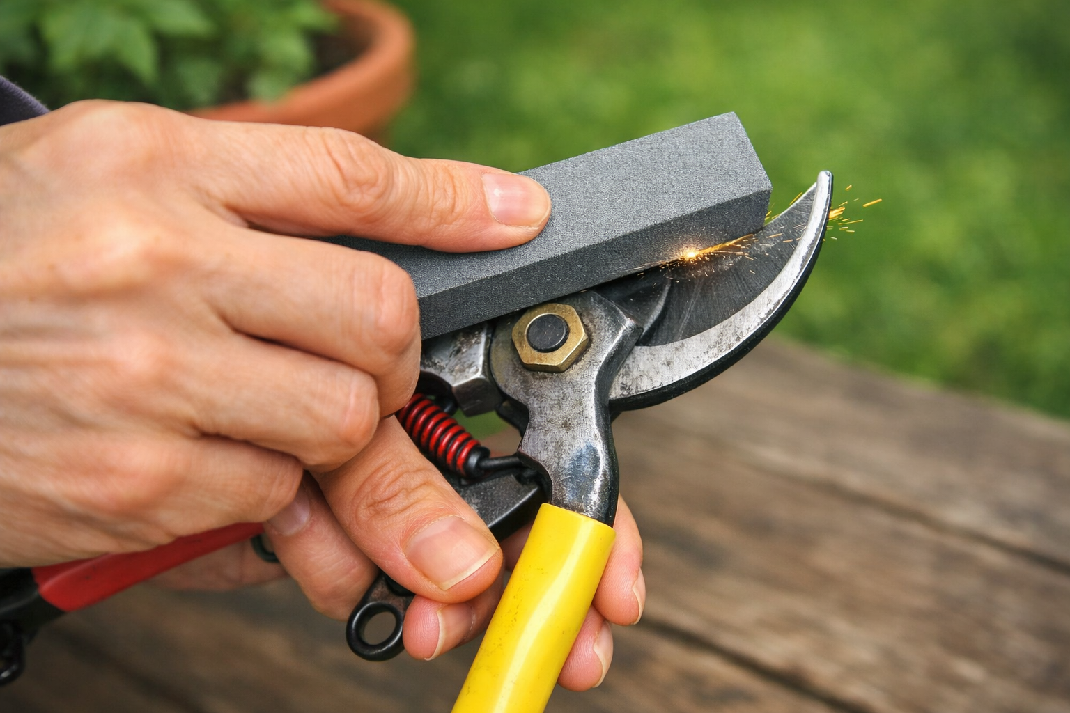 GardenGlove - Person sharpening garden pruning shears