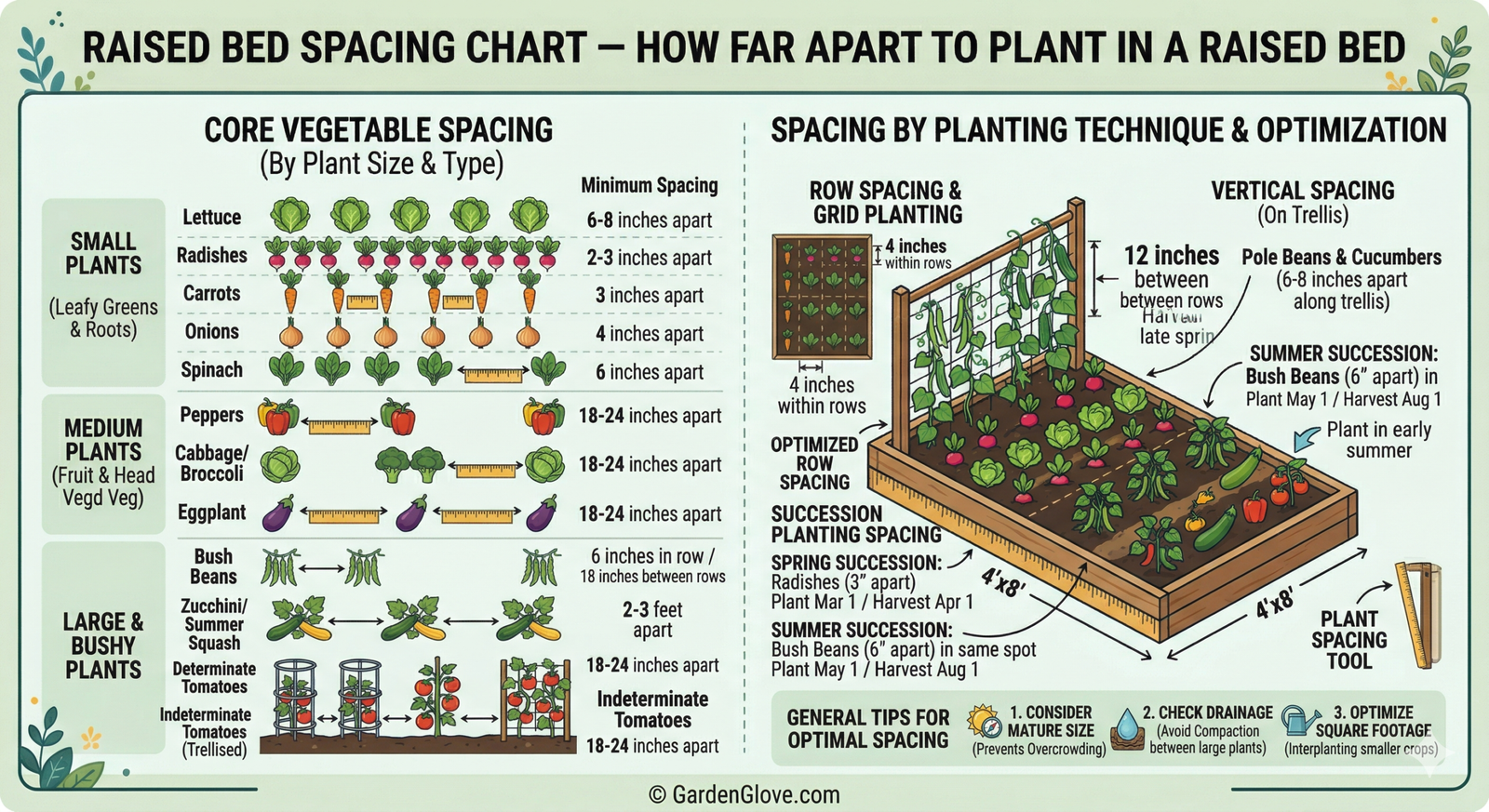 GardenGloves raised bed spacing chart - How far apart to plant in a raised bed