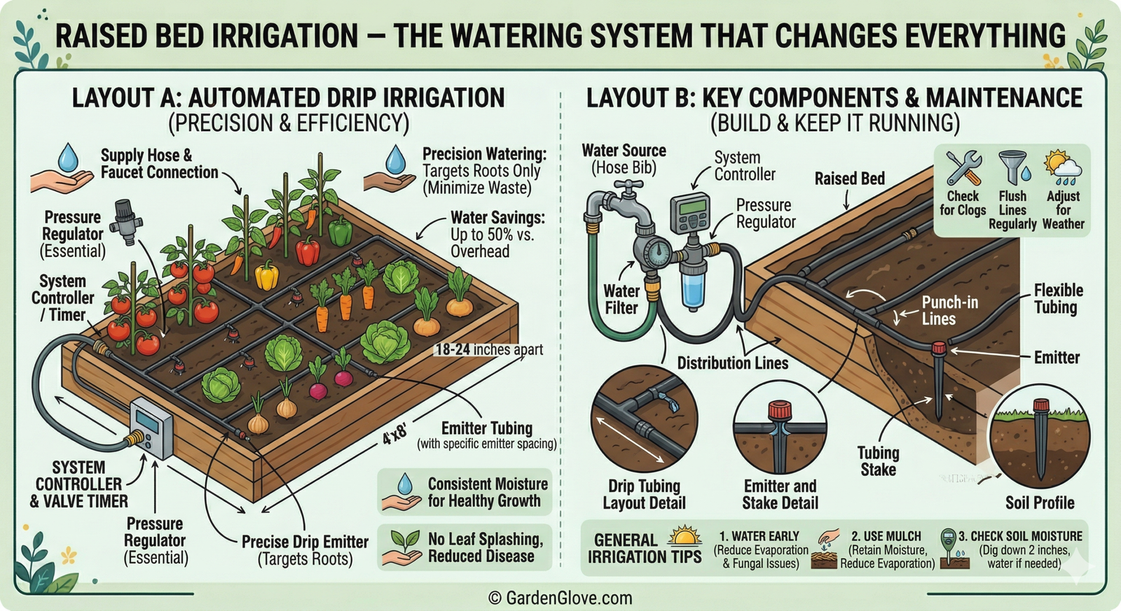 GardenGlove's diagram of irrigation systems being used in raised beds