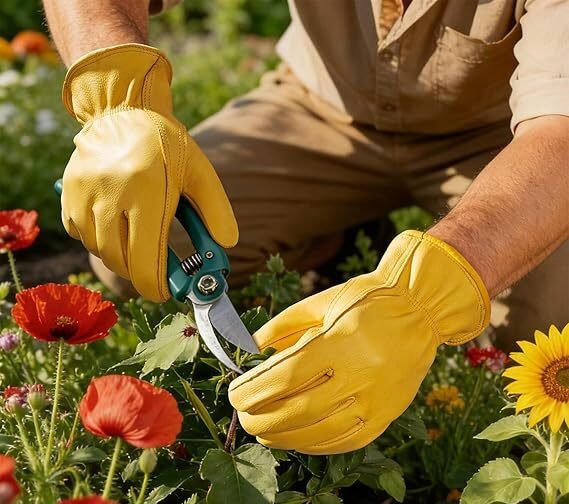 Person working in yard with leather garden gloves